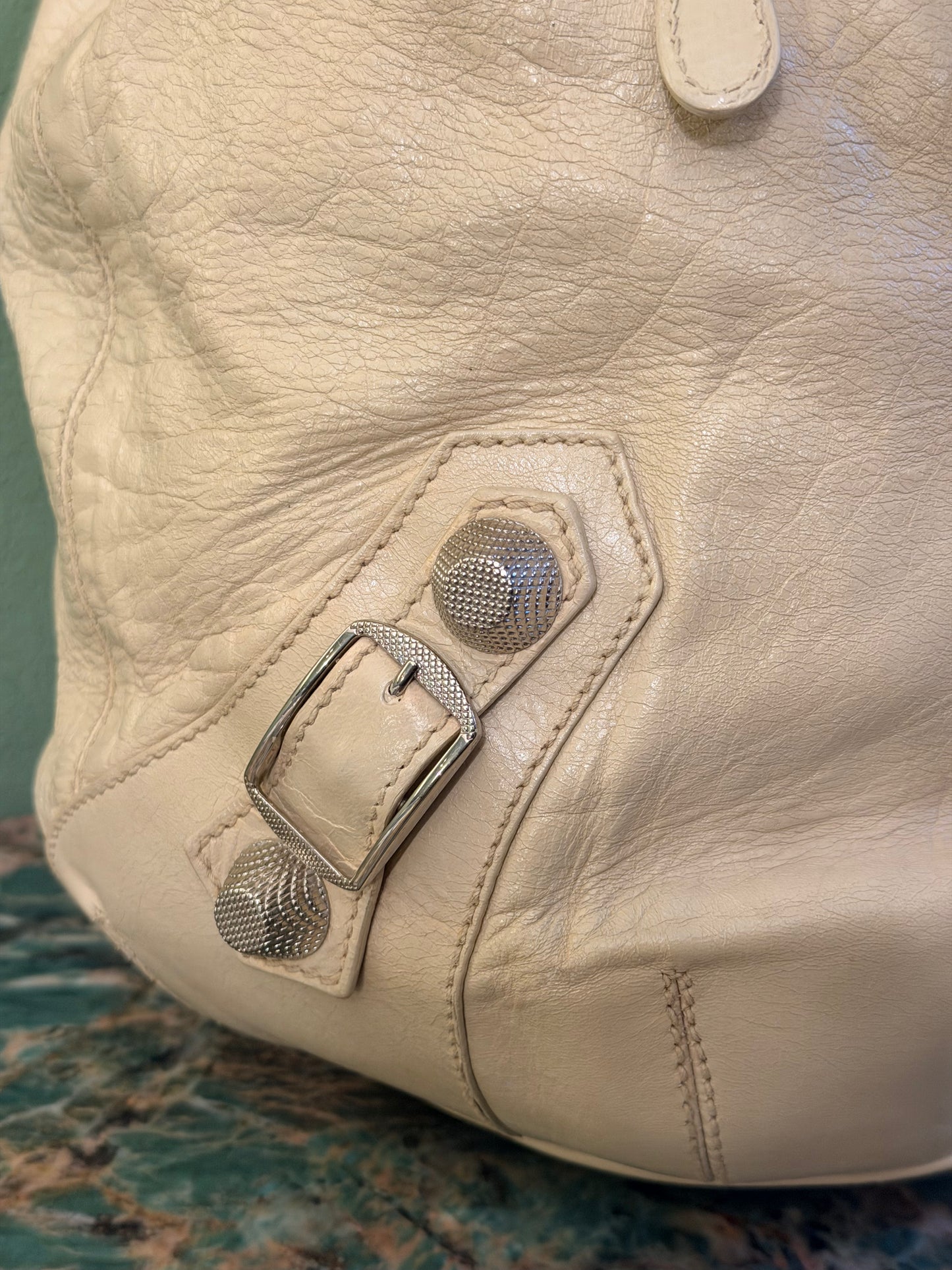 BALENCIAGA BEIGE LARGE POMPON BUCKET BAG