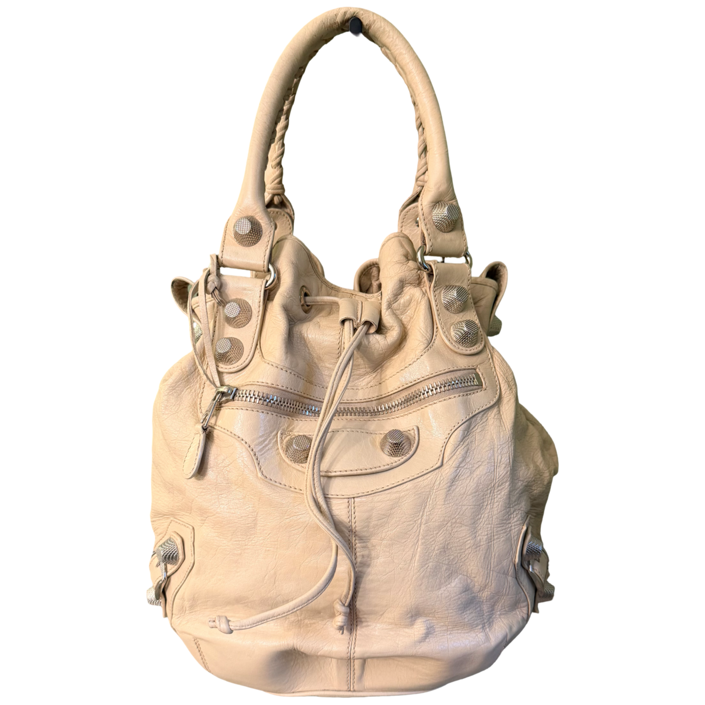BALENCIAGA BEIGE LARGE POMPON BUCKET BAG