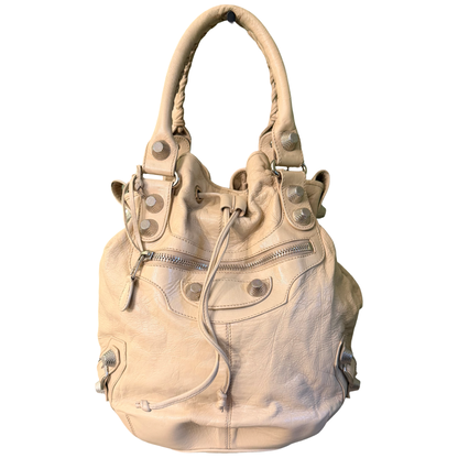 BALENCIAGA BEIGE LARGE POMPON BUCKET BAG