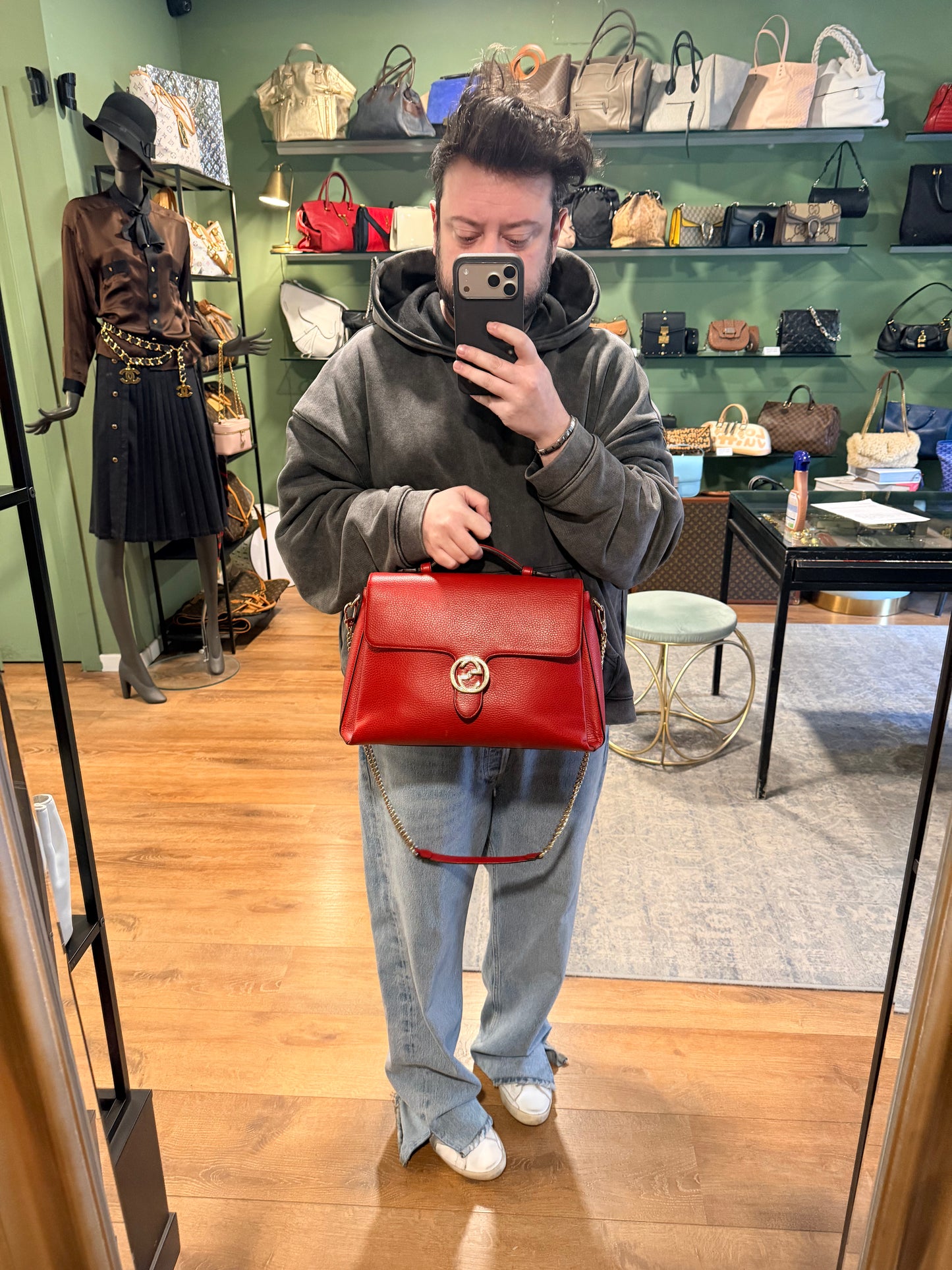 GUCCI RED LARGE INTERLOCKING CHAIN HANDBAG