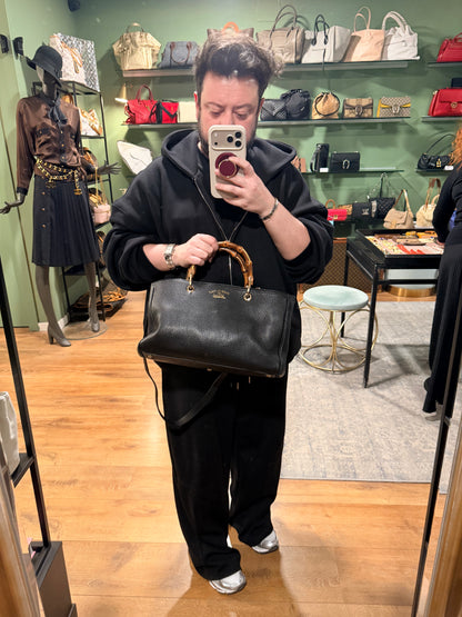 GUCCI BLACK BAMBOO SHOPPING TOTE W/ STRAP