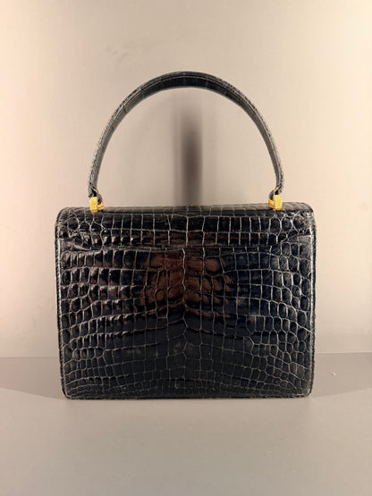 GUCCI BLACK CROCODILE VINTAGE TOP HANDLE HANDBAG
