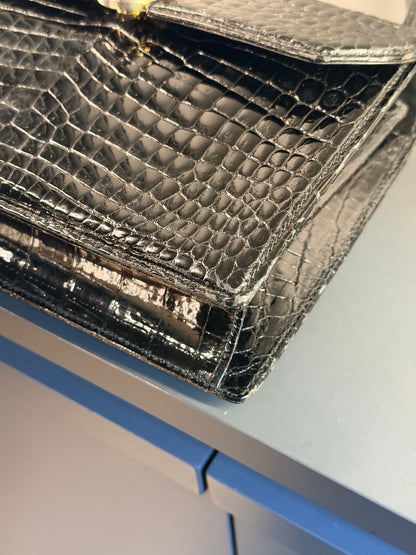GUCCI BLACK CROCODILE VINTAGE TOP HANDLE HANDBAG