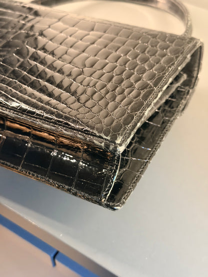GUCCI BLACK CROCODILE VINTAGE TOP HANDLE HANDBAG