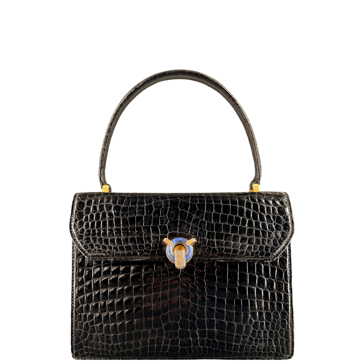 GUCCI BLACK CROCODILE VINTAGE TOP HANDLE HANDBAG
