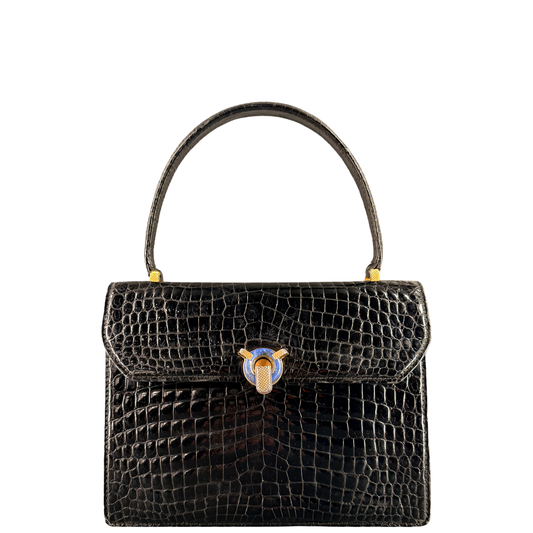 GUCCI BLACK CROCODILE VINTAGE TOP HANDLE HANDBAG