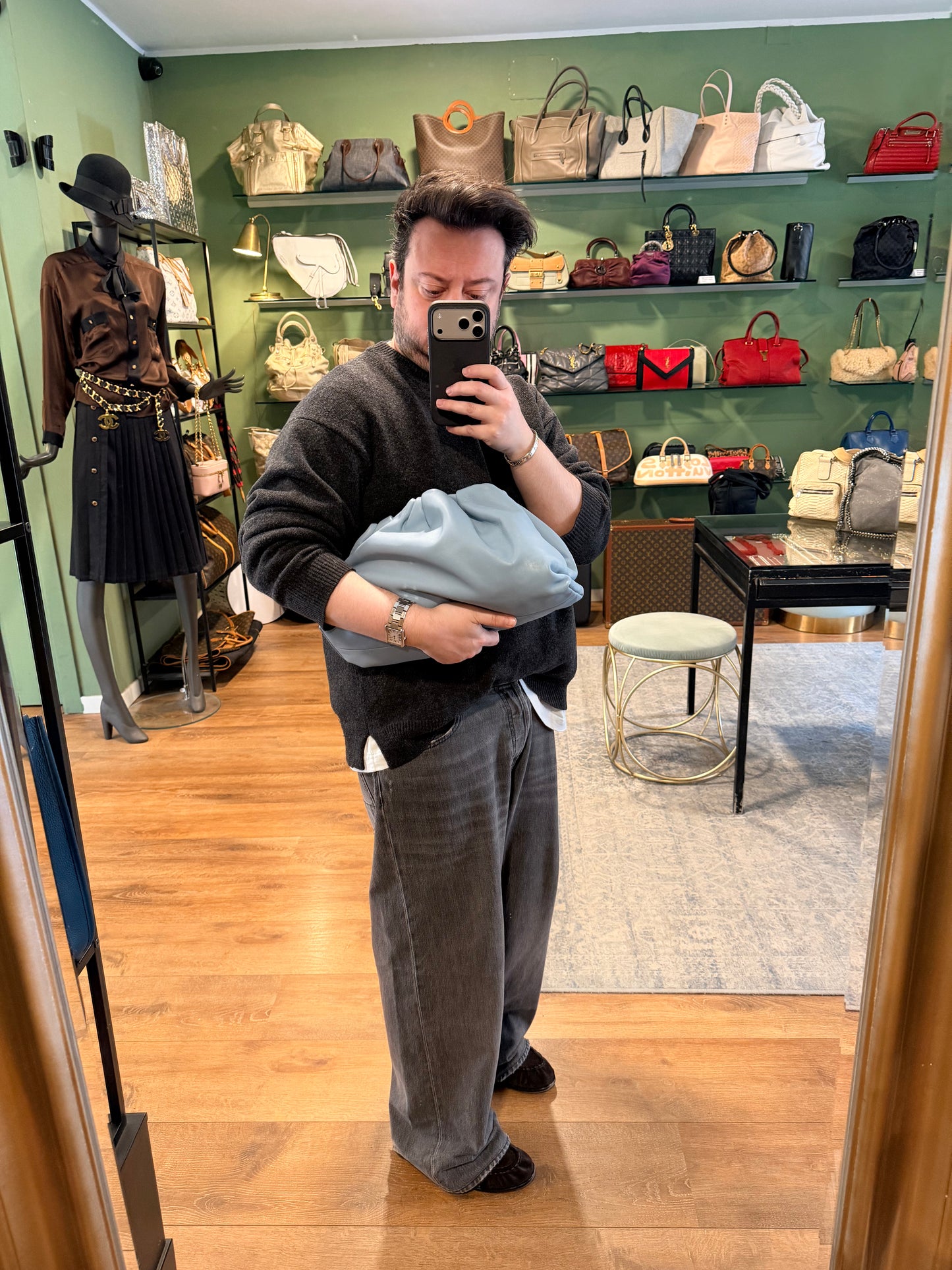 BOTTEGA VENETA LIGHT BLUE POUCH HANDBAG