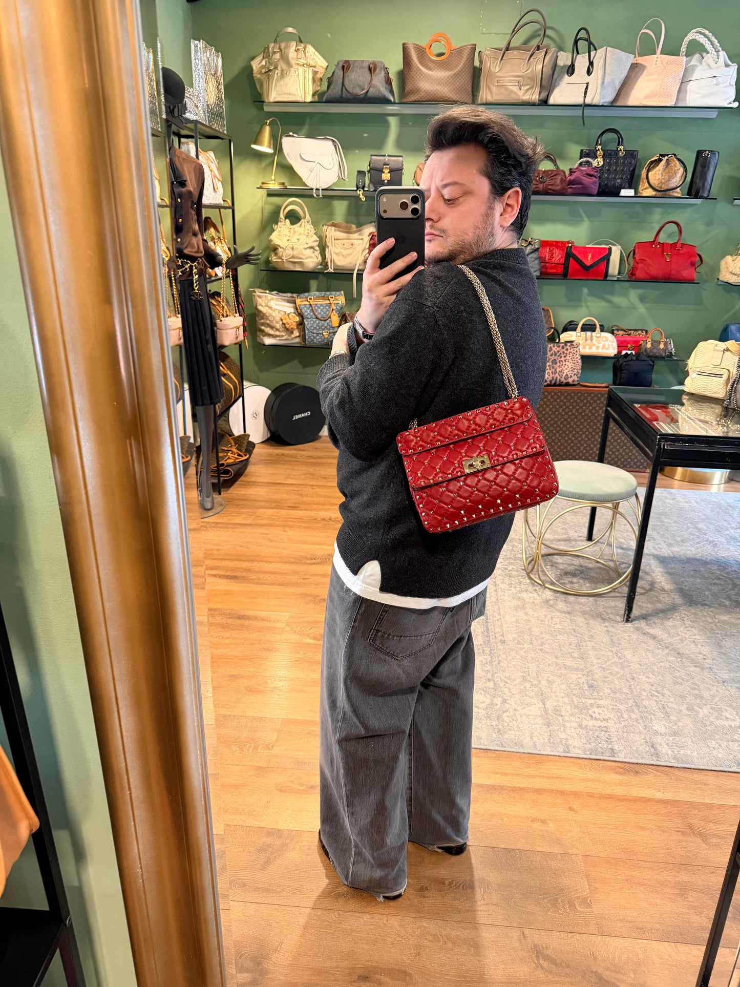 VALENTINO RED MEDIUM SPIKE SHOULDER BAG