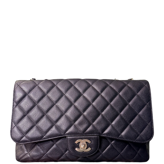 CHANEL BLACK CAVIAR JUMBO SINGLE FLAP TIMELESS CLASSIC SHOULDER BAG