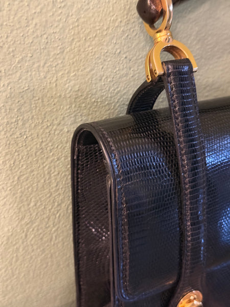 GUCCI VINTAGE 60’s BLACK LIZARD BAMBOO TOP HANDLE BAG