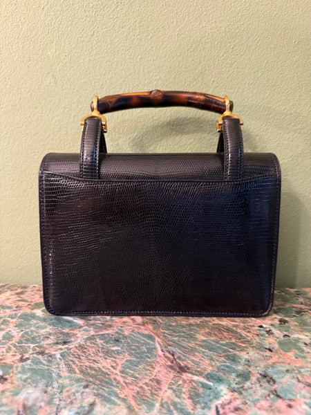 GUCCI VINTAGE 60’s BLACK LIZARD BAMBOO TOP HANDLE BAG