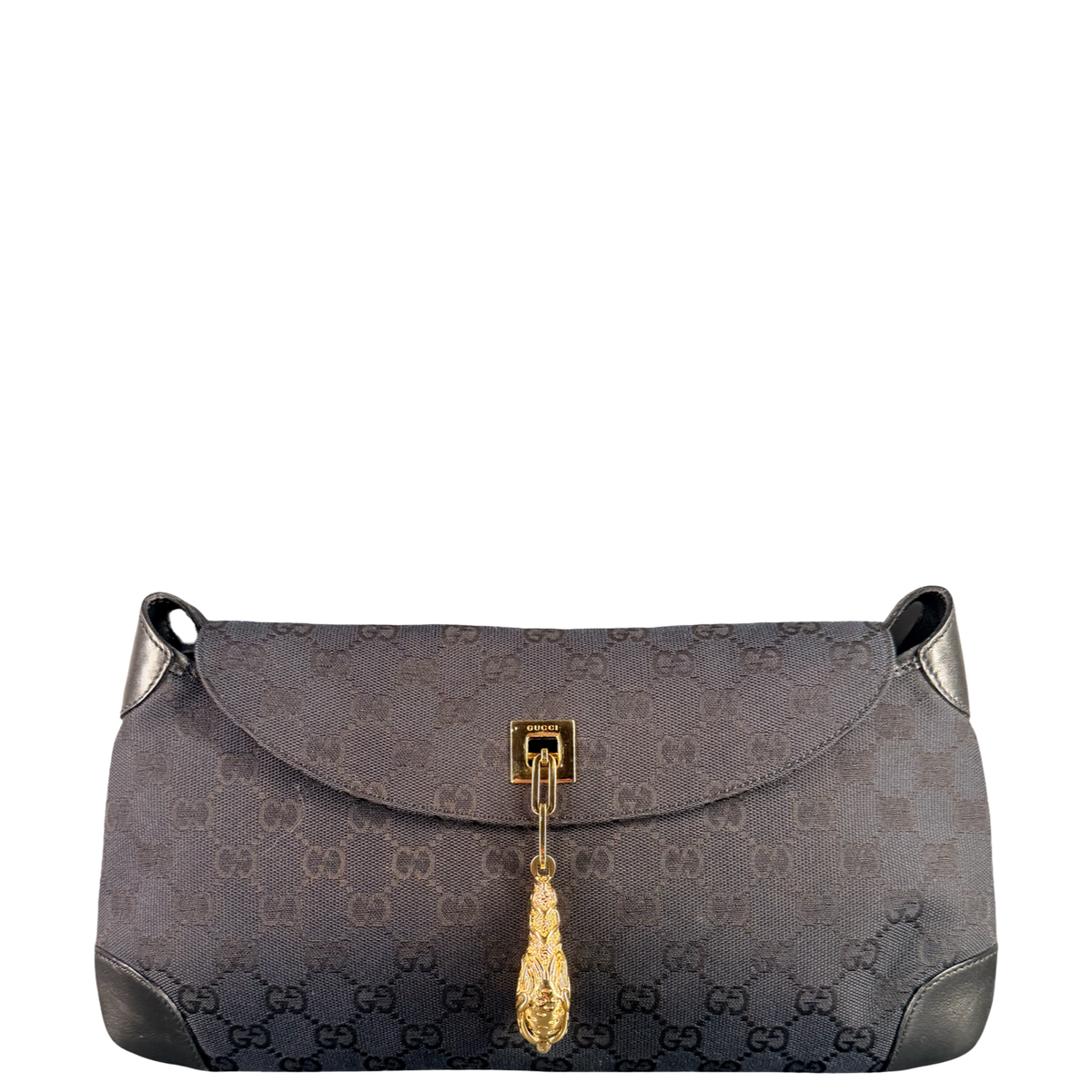 GUCCI BY TOM FORD BLACK GG CANVAS TIGER CHARM SHOULDER BAG