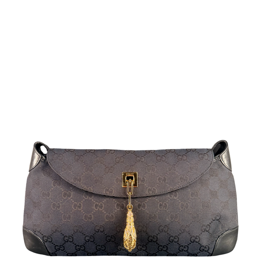 GUCCI BY TOM FORD BLACK GG CANVAS TIGER CHARM SHOULDER BAG