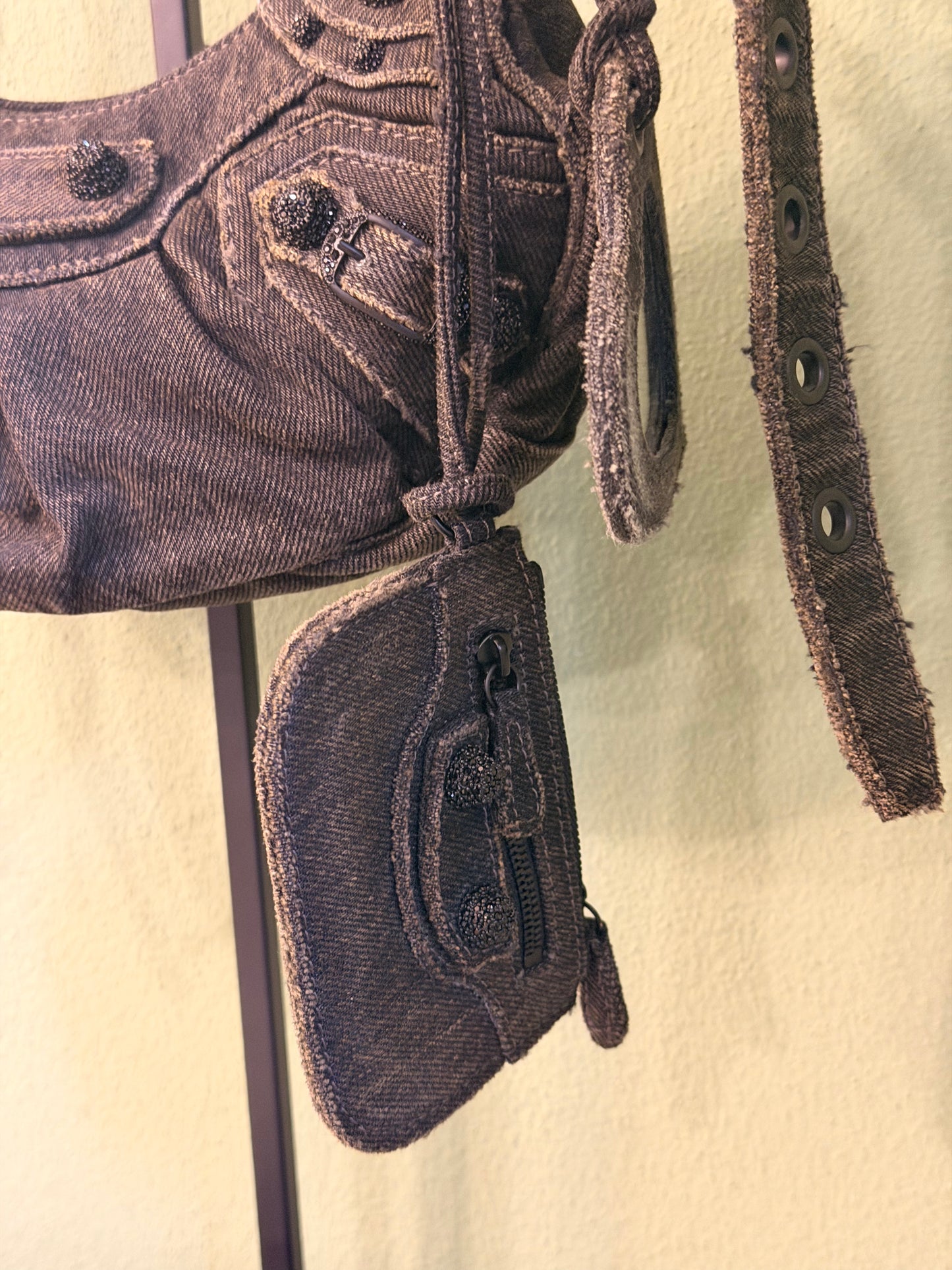 BALENCIAGA BLACK DENIM LE CAGOLE XS SHOULDER BAG