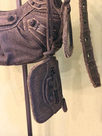 BALENCIAGA BLACK DENIM LE CAGOLE XS SHOULDER BAG