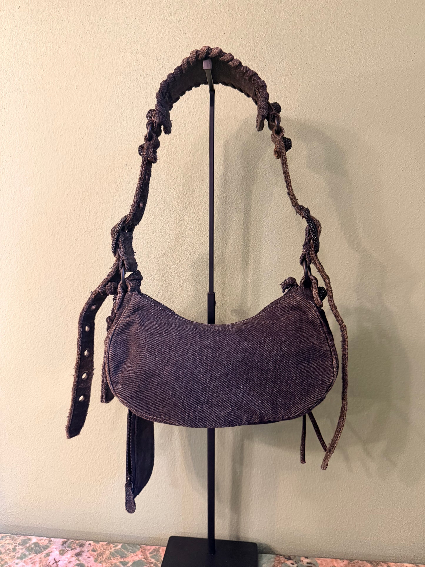 BALENCIAGA BLACK DENIM LE CAGOLE XS SHOULDER BAG