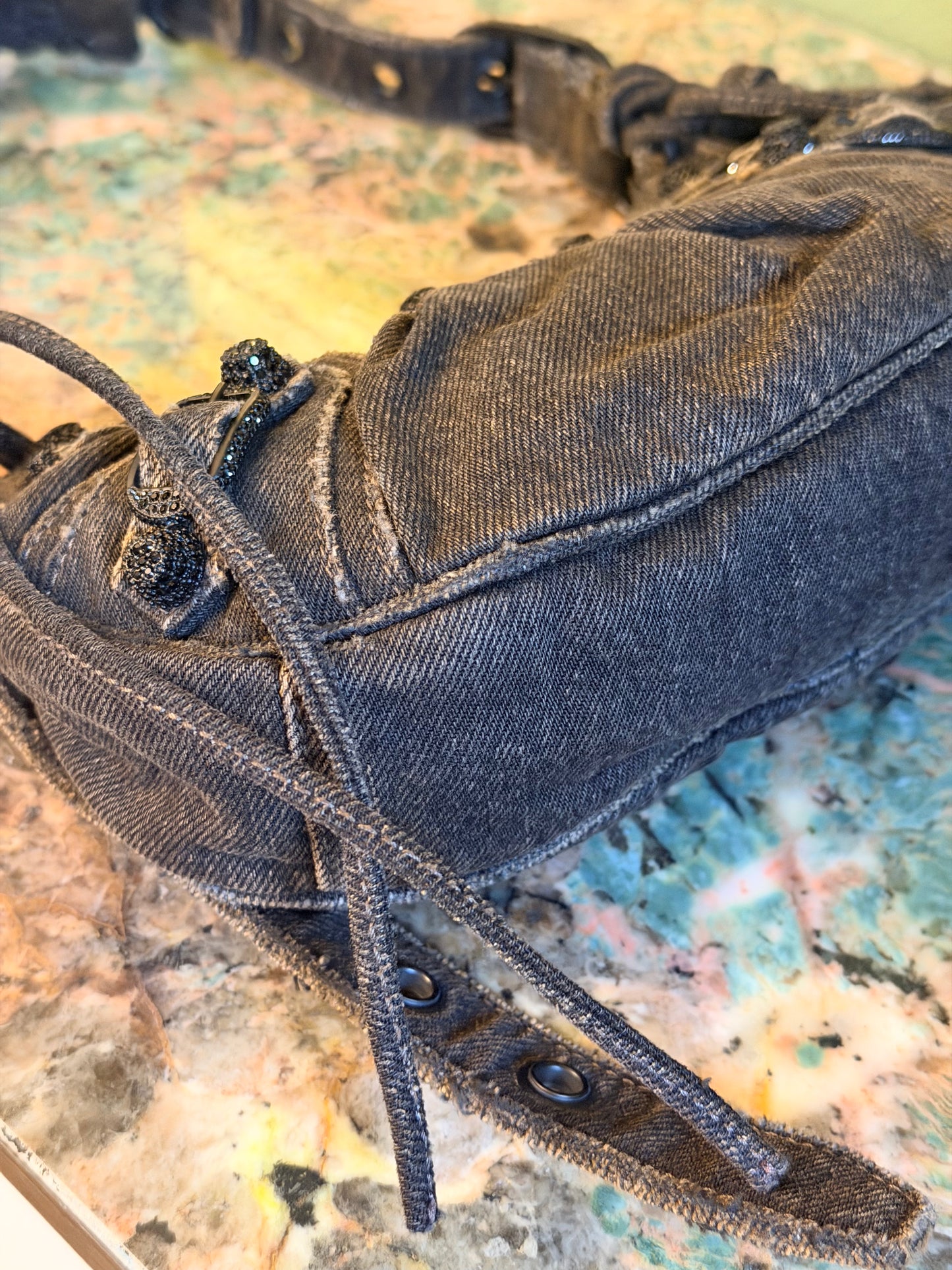 BALENCIAGA BLACK DENIM LE CAGOLE XS SHOULDER BAG