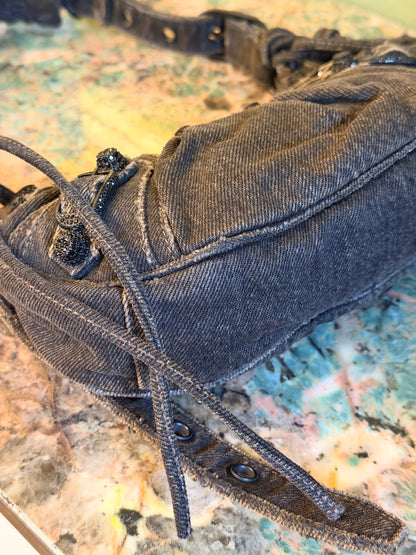 BALENCIAGA BLACK DENIM LE CAGOLE XS SHOULDER BAG