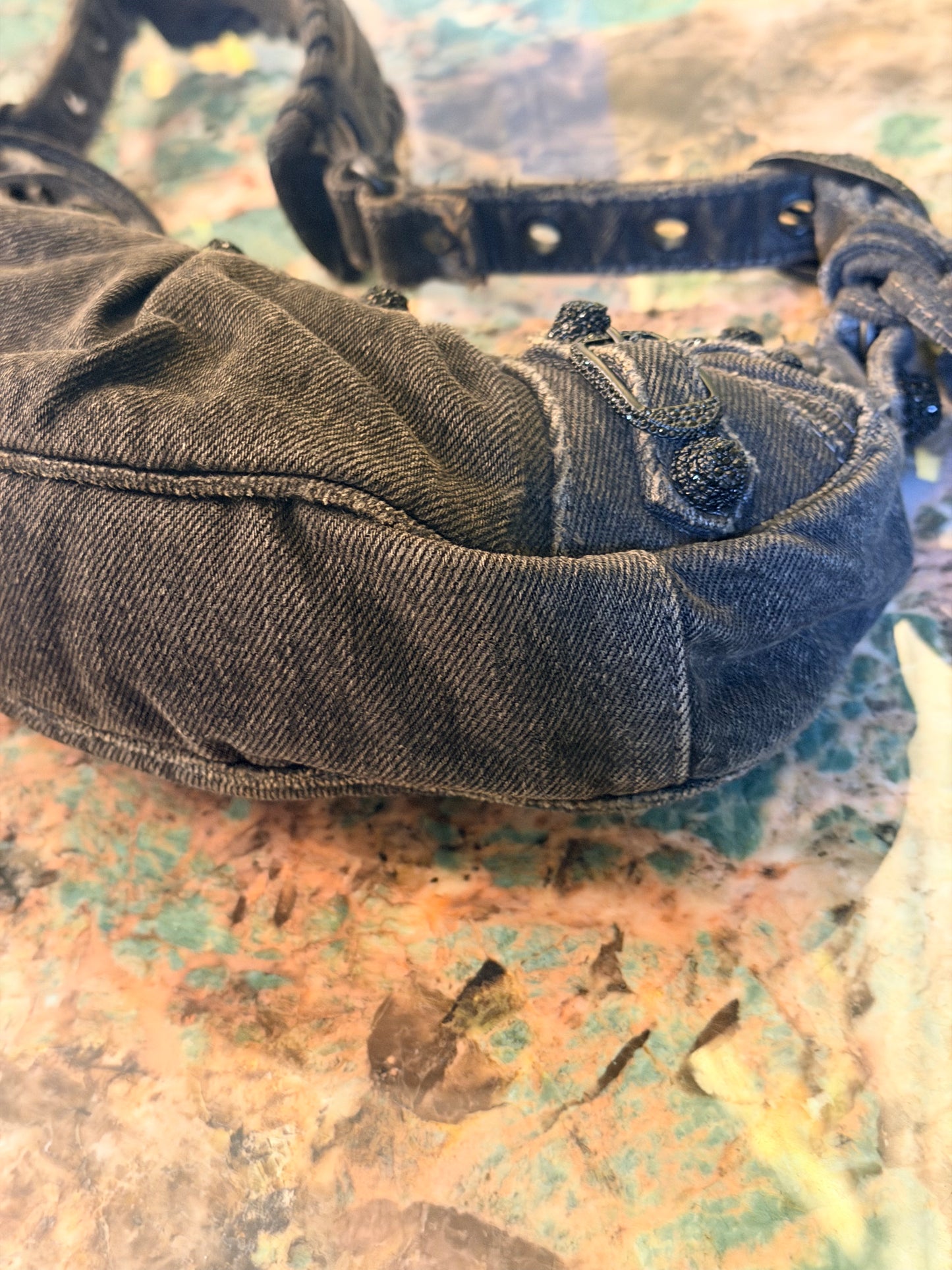 BALENCIAGA BLACK DENIM LE CAGOLE XS SHOULDER BAG