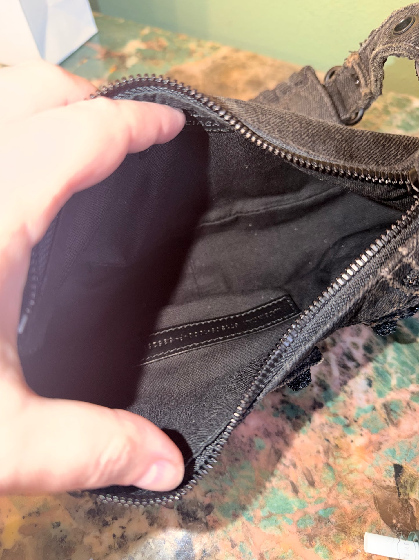 BALENCIAGA BLACK DENIM LE CAGOLE XS SHOULDER BAG