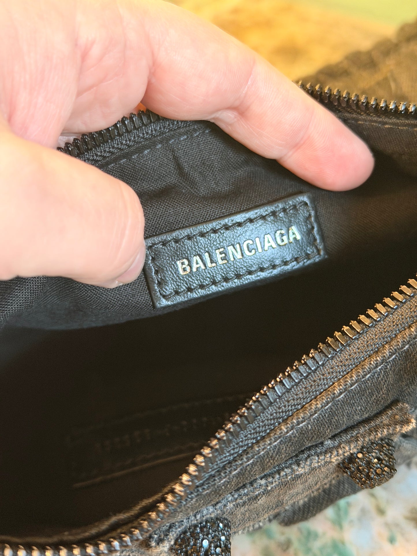 BALENCIAGA BLACK DENIM LE CAGOLE XS SHOULDER BAG