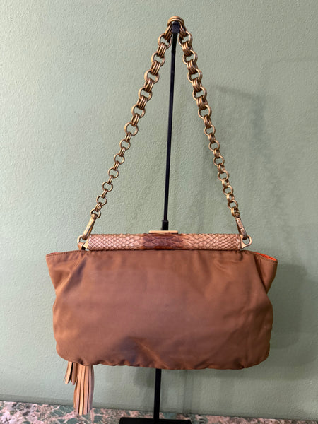 PRADA BROWN NYLON AND PYTON SHOULDER CLUTCH