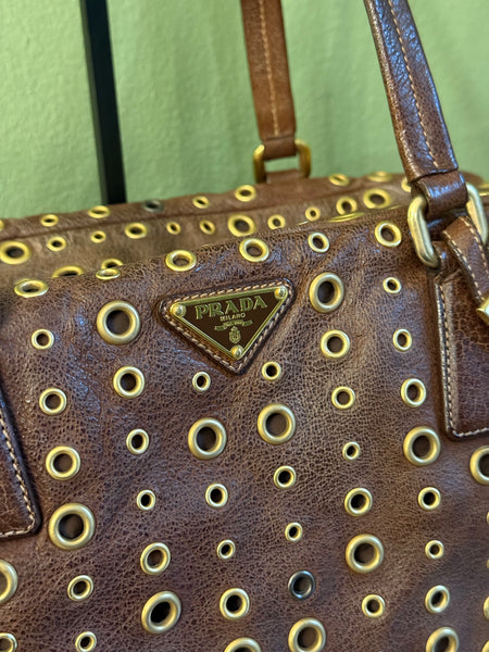 PRADA BROWN STUDDED SHOULDER BOSTON BAG