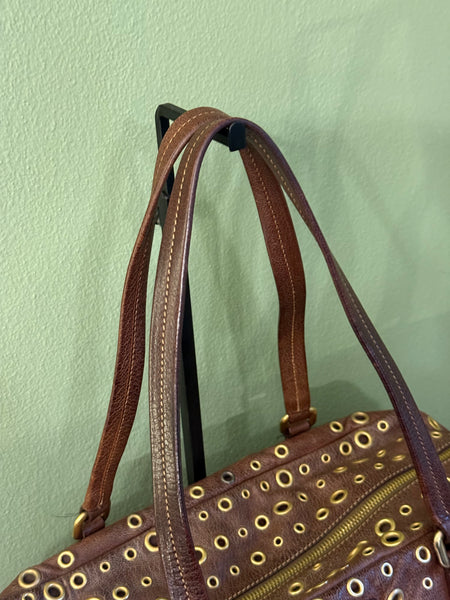 PRADA BROWN STUDDED SHOULDER BOSTON BAG