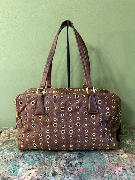 PRADA BROWN STUDDED SHOULDER BOSTON BAG