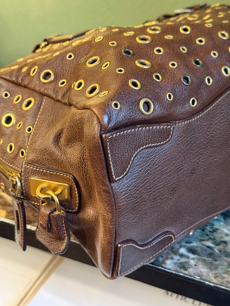 PRADA BROWN STUDDED SHOULDER BOSTON BAG