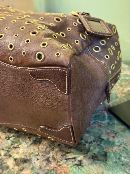 PRADA BROWN STUDDED SHOULDER BOSTON BAG