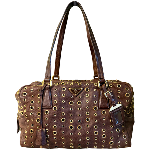 PRADA BROWN STUDDED SHOULDER BOSTON BAG