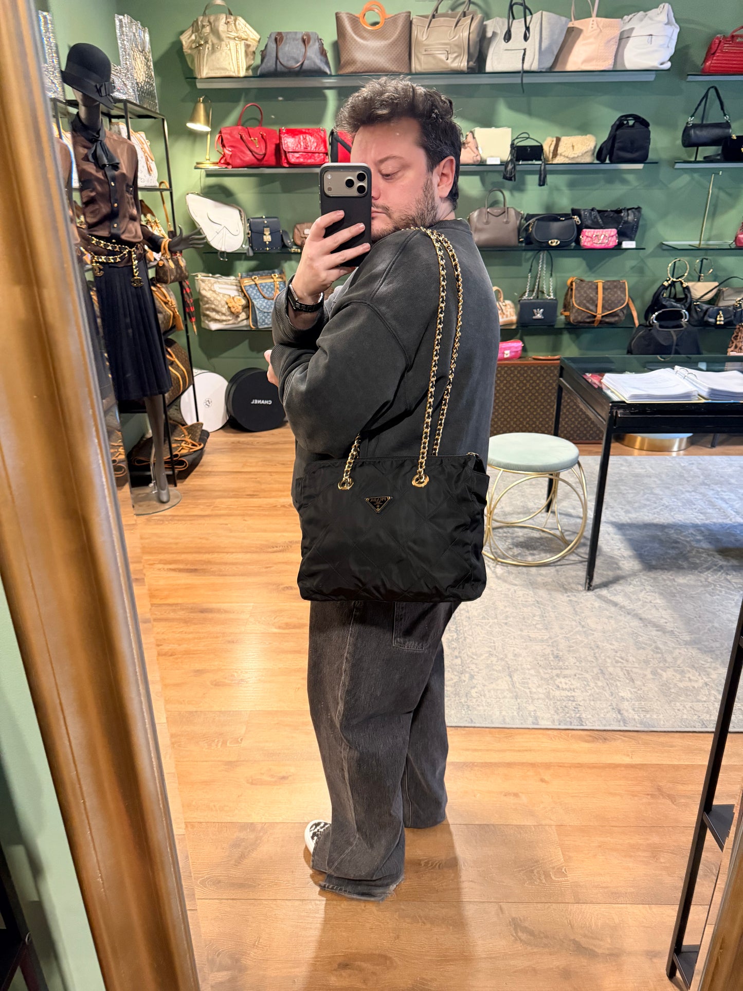 PRADA BLACK NYLON CHAIN SHOPPING TOTE