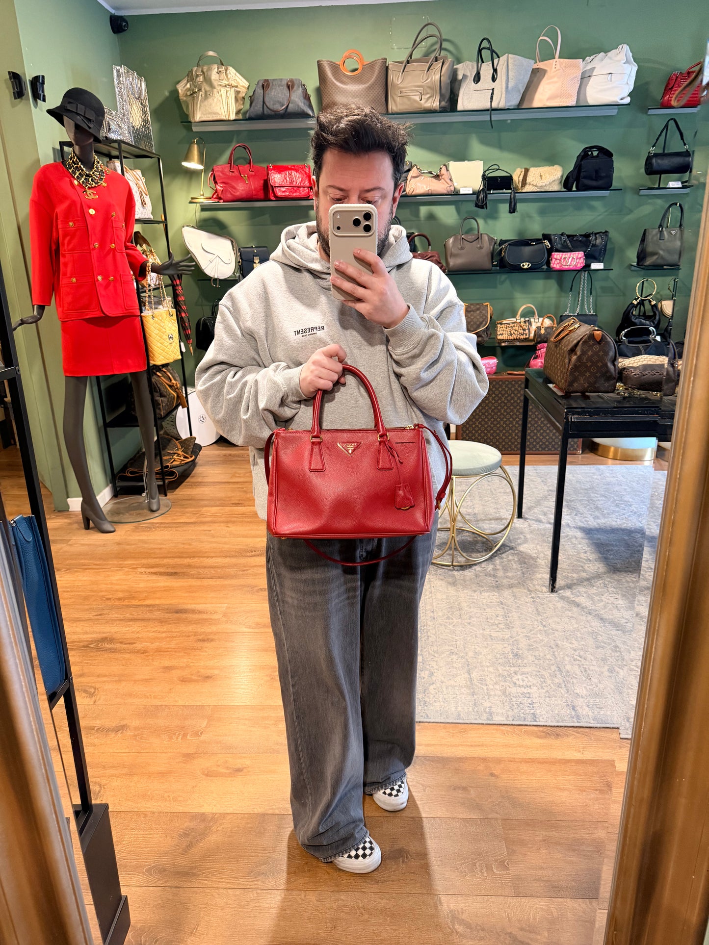PRADA RED SAFFIANO SMALL GALLERIA HANDBAG
