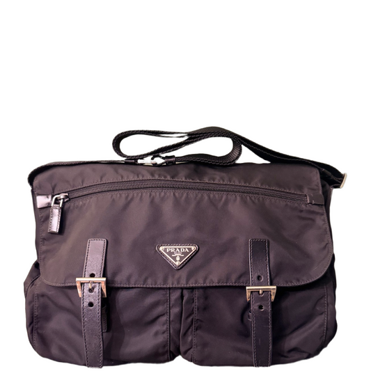 PRADA BLACK NYLON LARGE MESSANGER CROSSBODY BAG