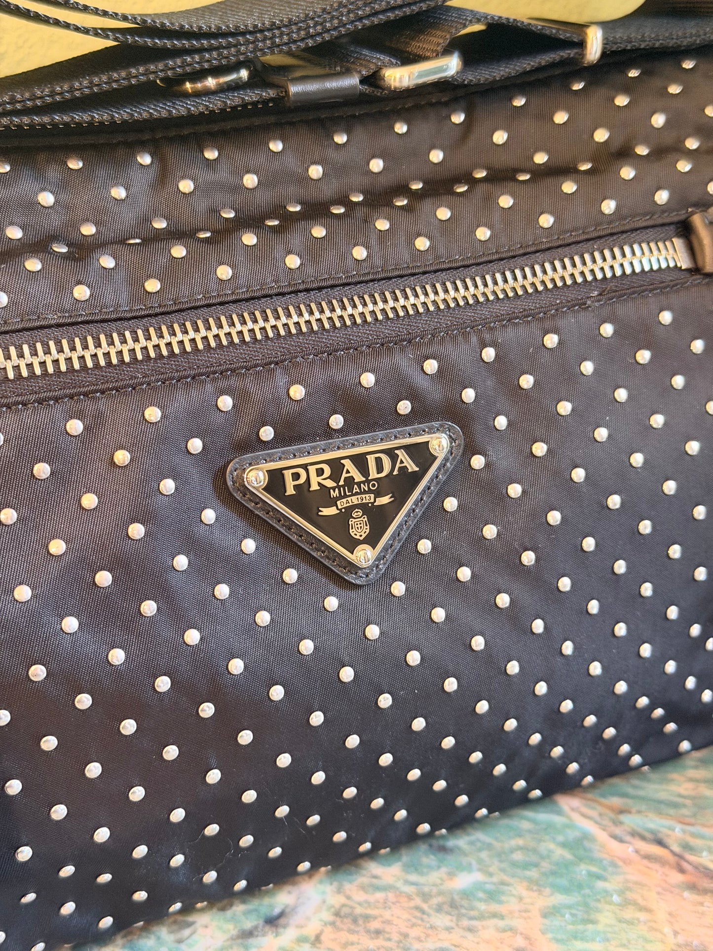 PRADA BLACK NYLON STUDDED CROSSBODY BAG