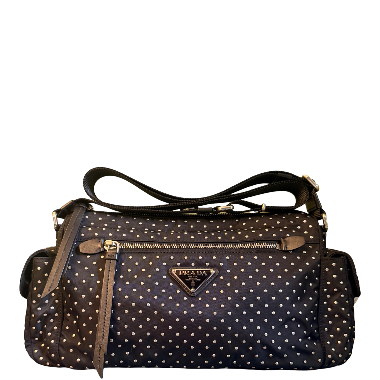 PRADA BLACK NYLON STUDDED CROSSBODY BAG