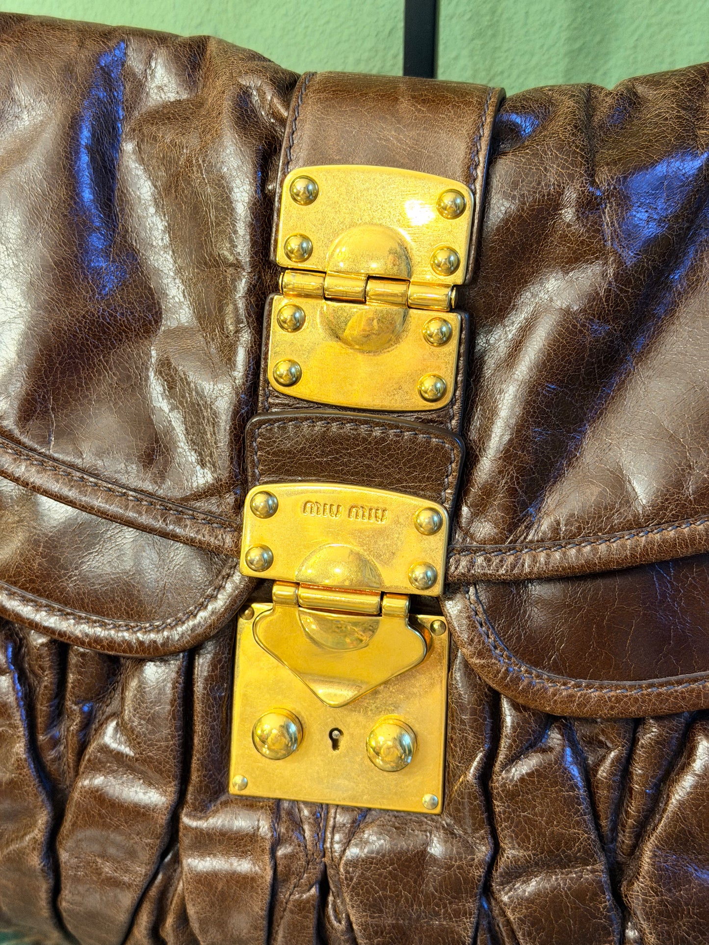 MIU MIU BROWN DISTRESSED LEATHER COFFER SHOULDER BAG