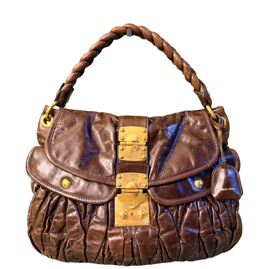 MIU MIU BROWN DISTRESSED LEATHER COFFER SHOULDER BAG