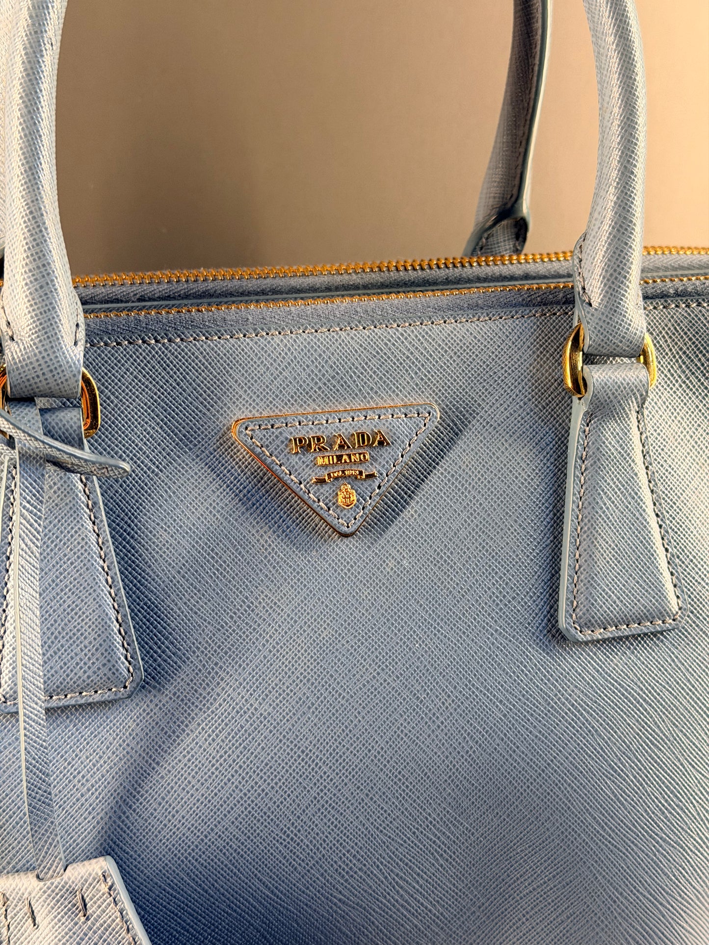 PRADA LIGHT BLUE SAFFIANO SMALL GALLERIA HANDBAG