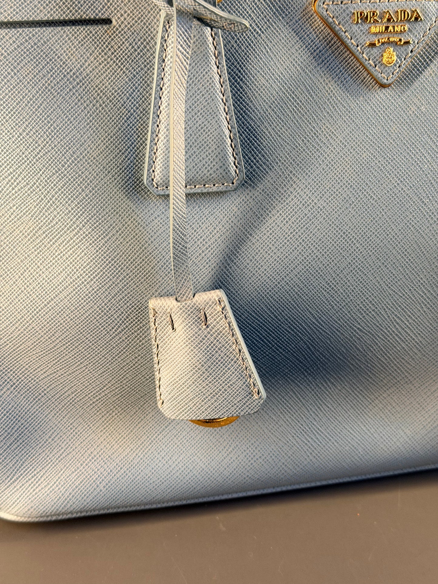 PRADA LIGHT BLUE SAFFIANO SMALL GALLERIA HANDBAG
