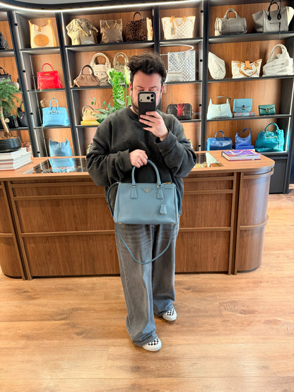 PRADA LIGHT BLUE SAFFIANO SMALL GALLERIA HANDBAG