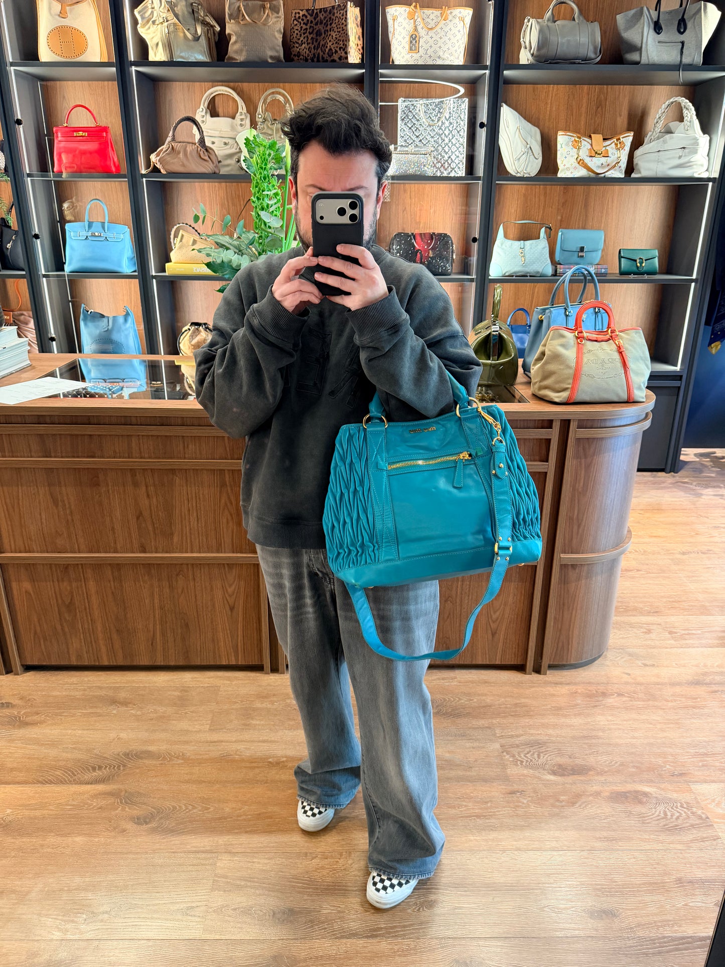 MIU MIU GREEN LARGE GOFFRATO TWO WAY HANDBAG