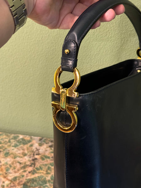 SALVATORE FERRAGAMO NAVY TOP HANDLE BAG WITH REMOVABLE STRAP