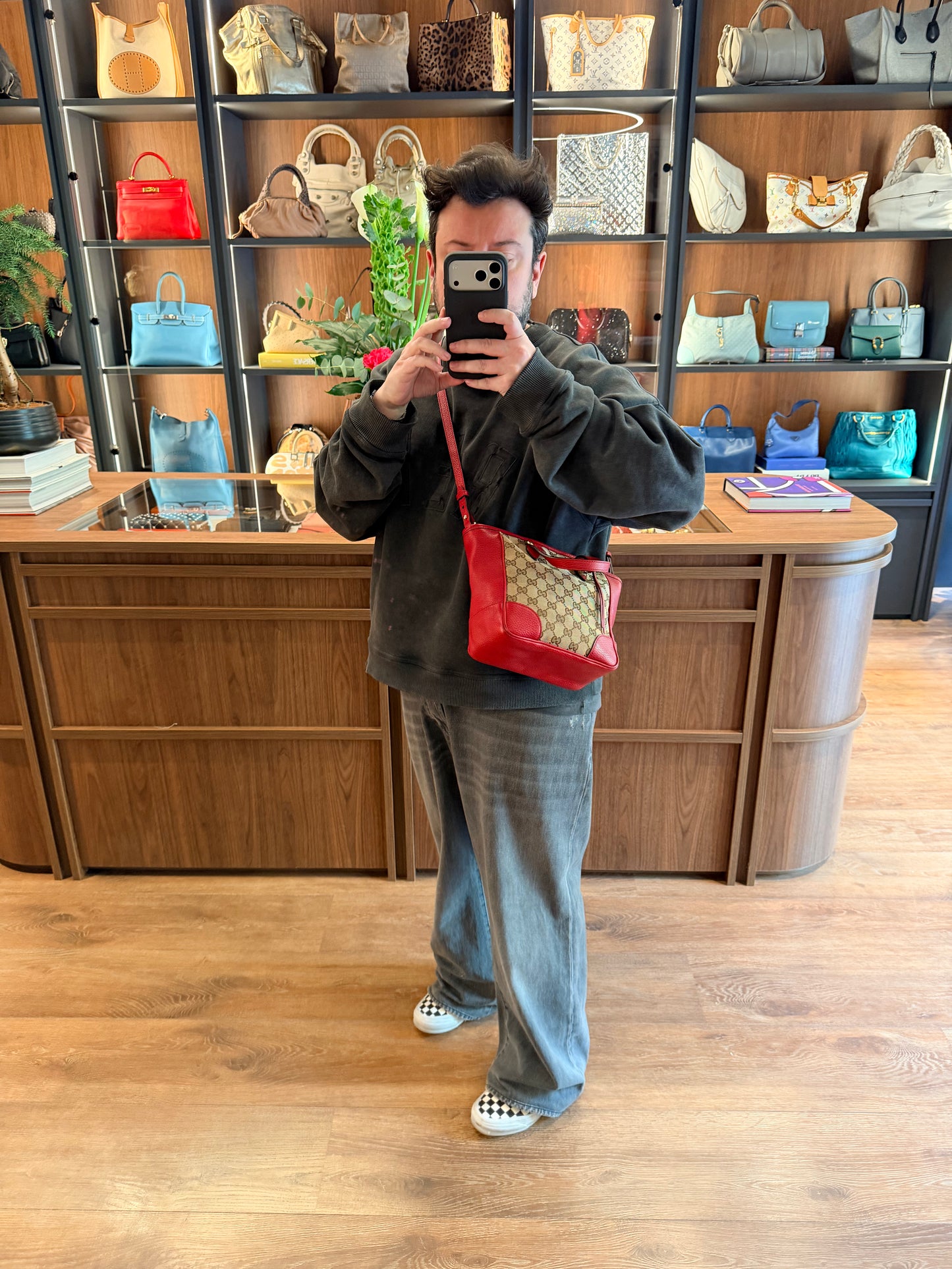 GUCCI RED MONOGRAM SMALL TWO WAY HANDBAG