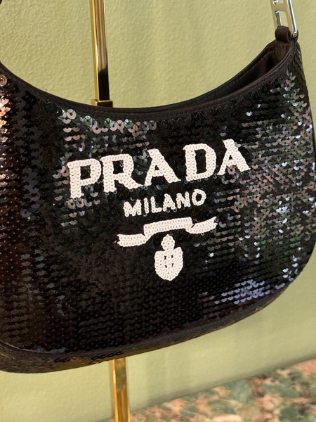 PRADA BLACK PAILLETTES SMALL CLEO SHOULDER BAG