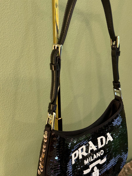 PRADA BLACK PAILLETTES SMALL CLEO SHOULDER BAG