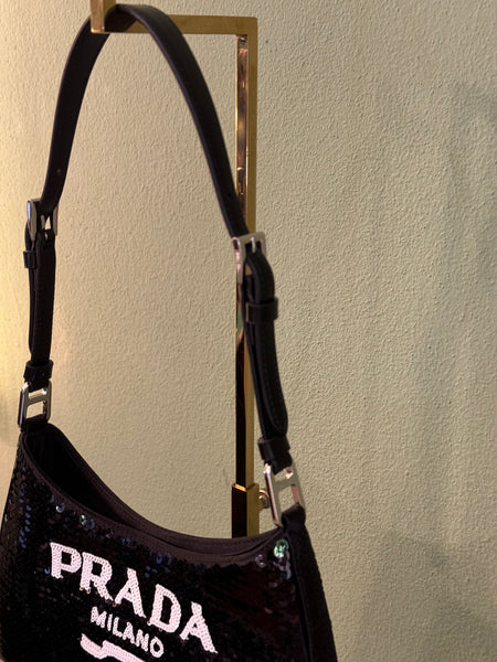 PRADA BLACK PAILLETTES SMALL CLEO SHOULDER BAG