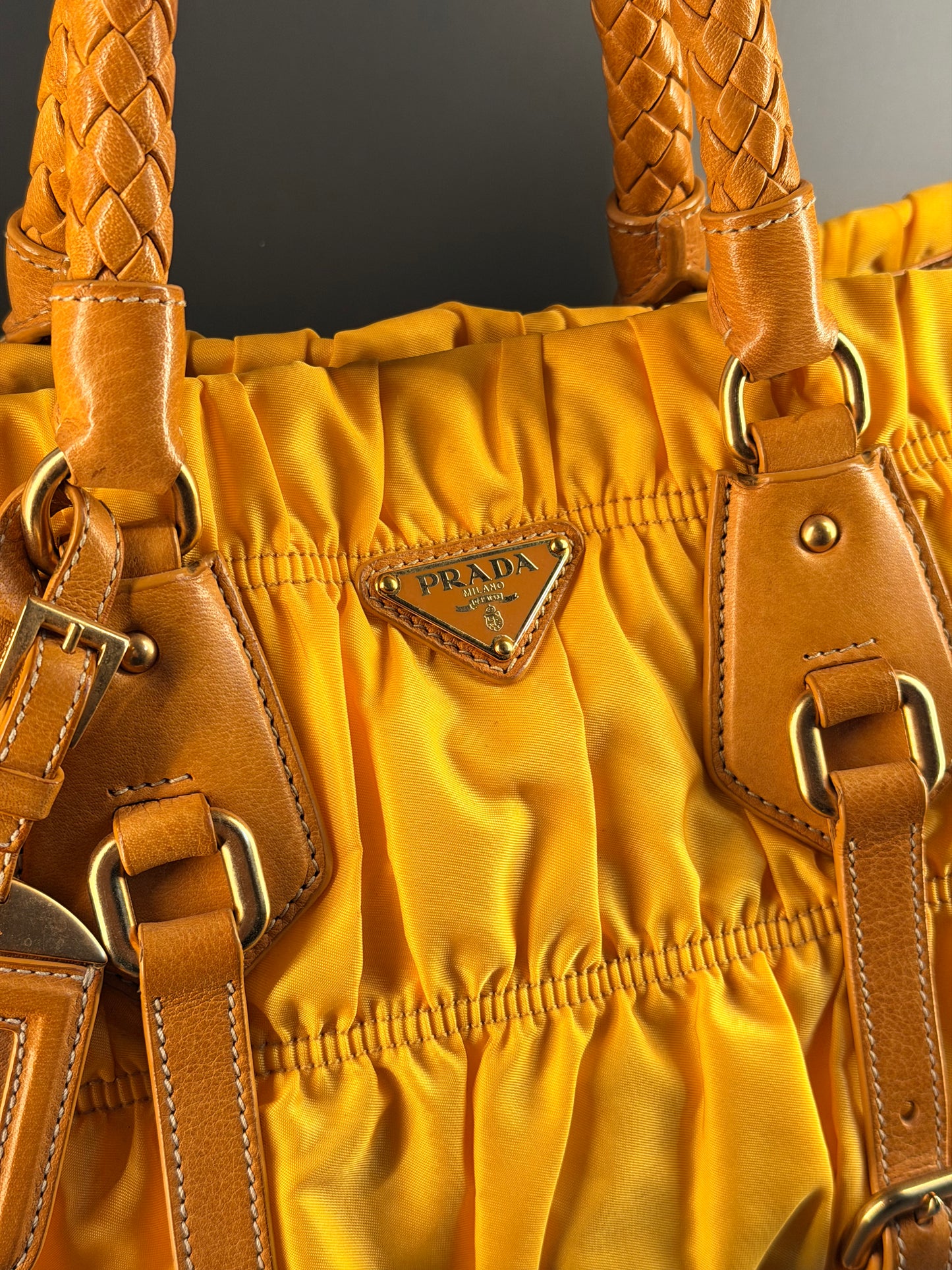 PRADA NYLON YELLOW GOFFRATO TWO WAY HANDBAG