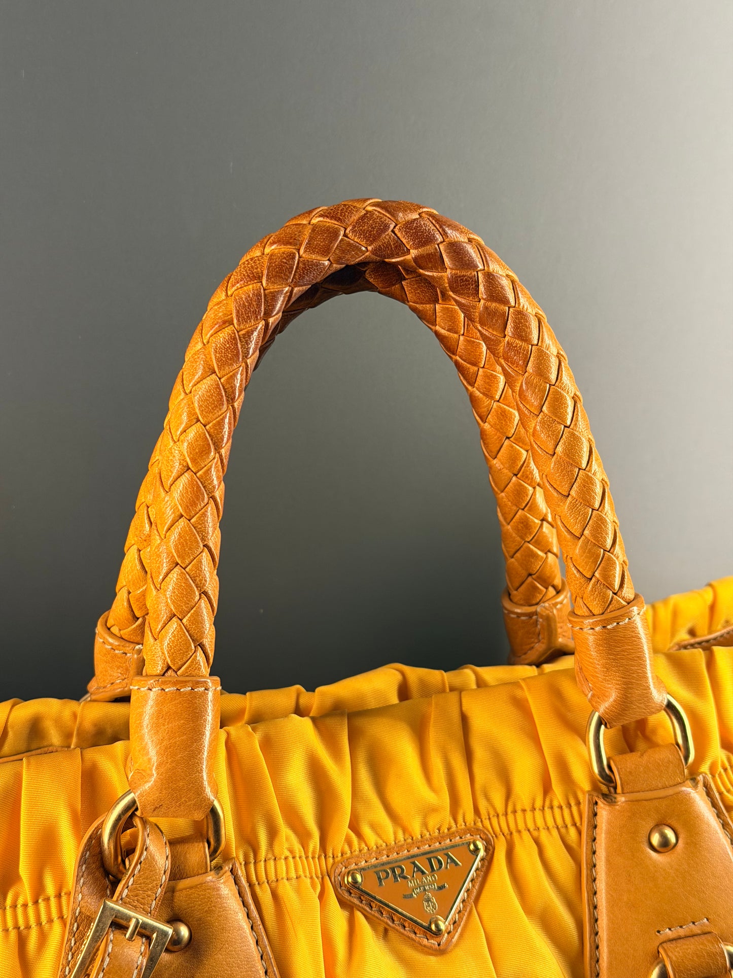 PRADA NYLON YELLOW GOFFRATO TWO WAY HANDBAG